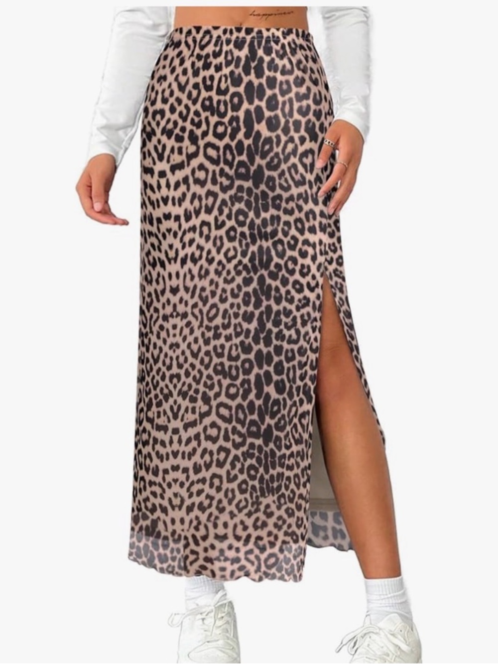 Leopard Print Side-Slit Maxi Skirt - Beige/Black